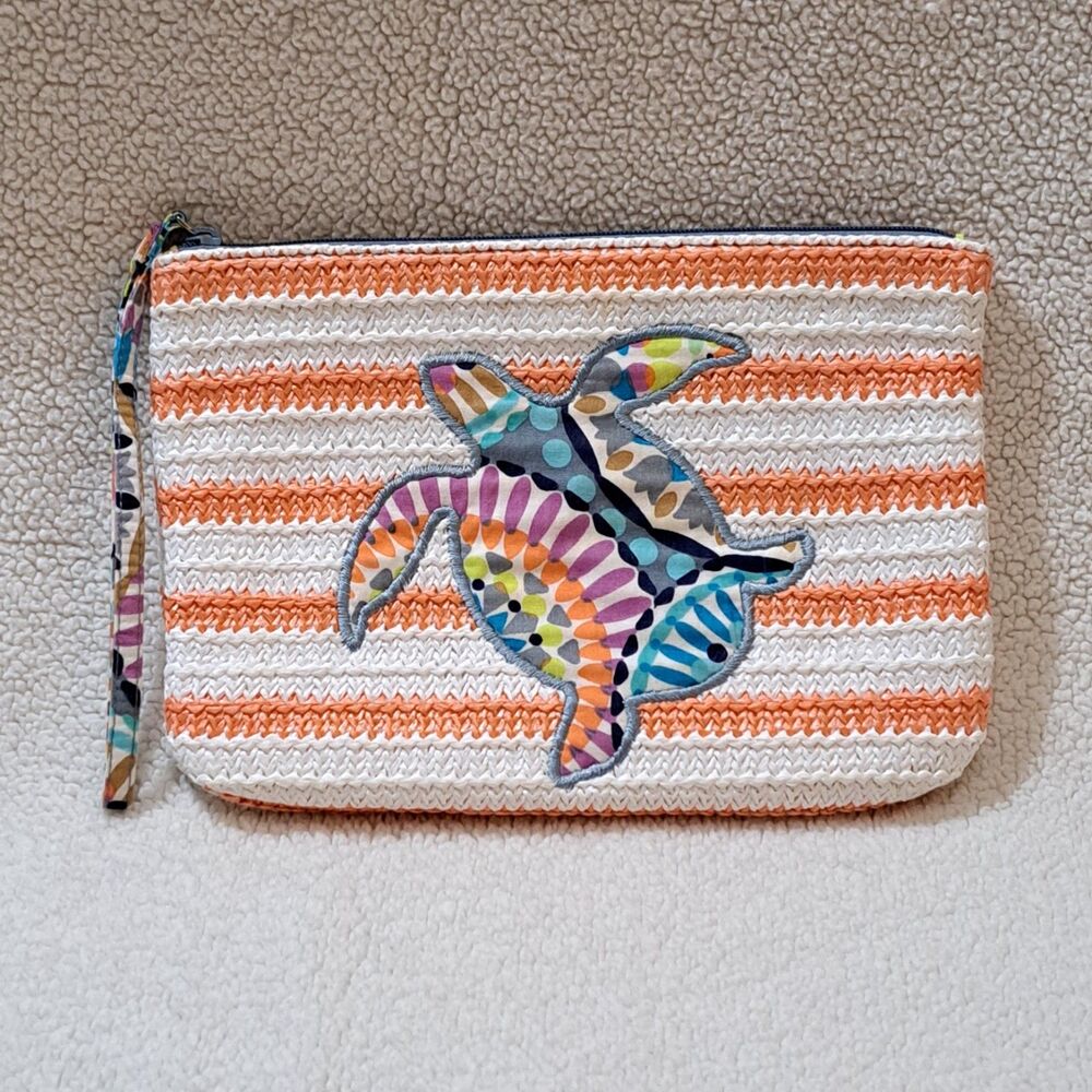Vera Bradley Woven Straw Wristlet Pouch Orange White Stripe Sea Turtle Patch